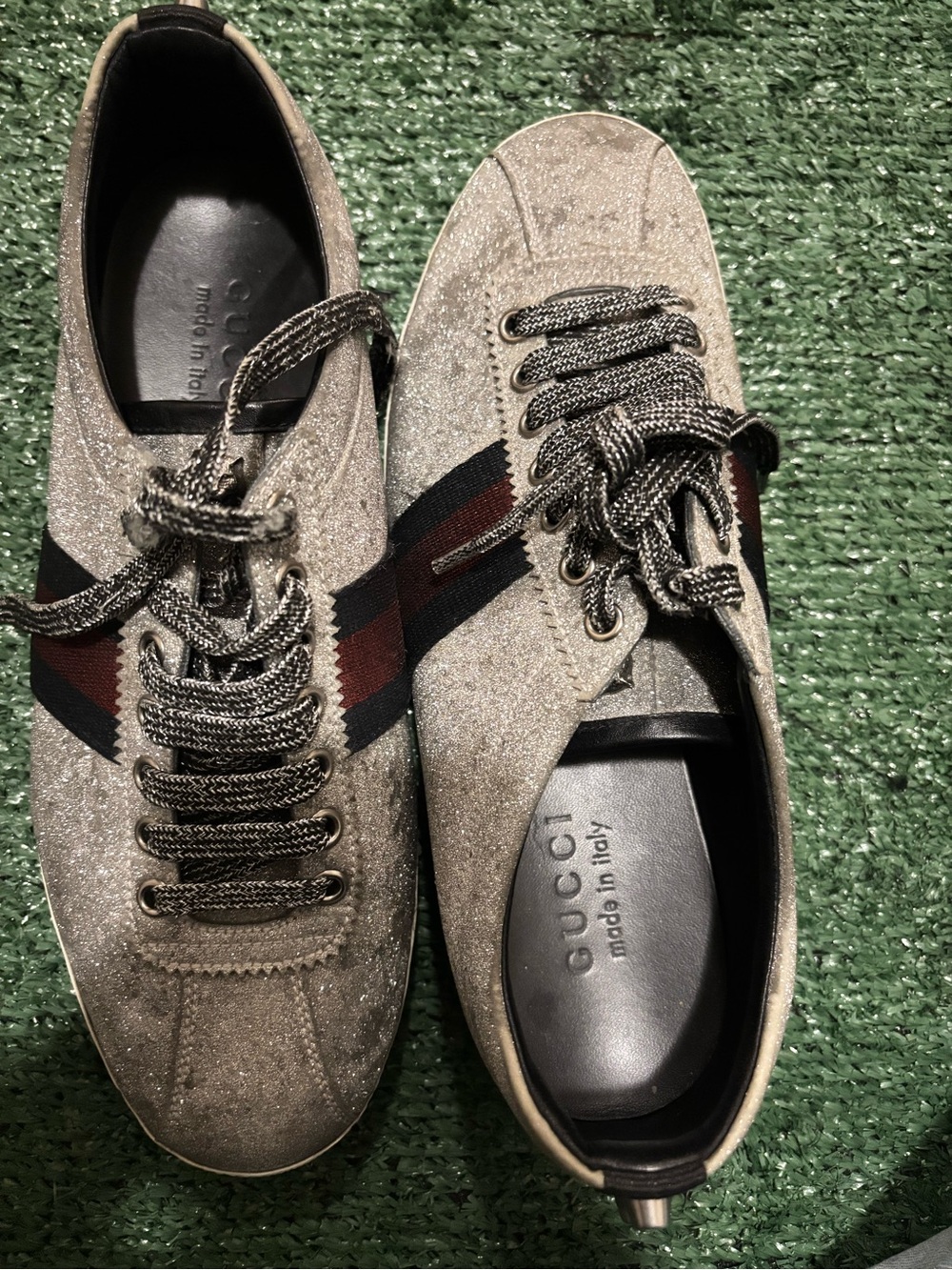 Gucci Silver Glitter Low-Top Sneakers with Red & Navy Web Stripe